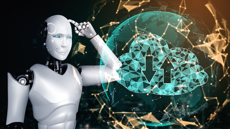 AI robot using cloud computing technology to store data on online server . Futuristic concept of cloud information storage analyzed by machine learning process . 3D rendering illustration .の写真素材