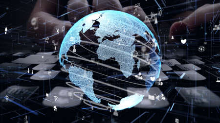 Man working on computer keyboard with graphic of internet network modernization showing concept of 5G wireless connection and social media .の写真素材