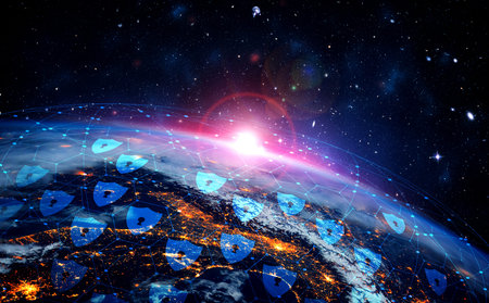 Cyber security technology and online data protection in innovative perception . Concept of technology for security of data storage used by global business network server to secure cyber information .の写真素材