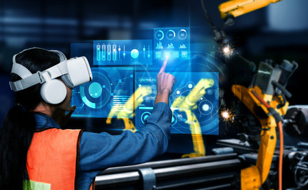 Advanced robot arm system for digital industry and factory robotic technology . Automation...