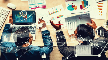 Creative visual of business people in corporate staff meeting . Concept of digital technology for marketing data analysis and investment decision making .の写真素材