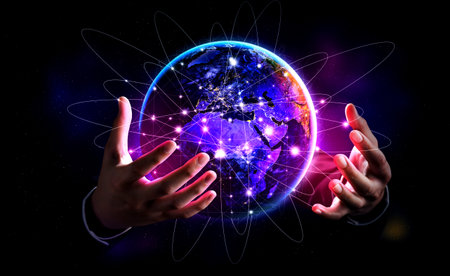 Global network connection covering earth with link of innovative perception . Concept of...