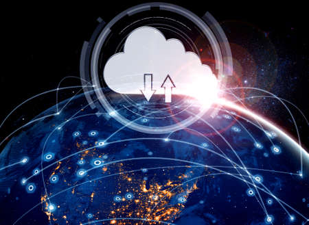 Cloud computing technology and online data storage in innovative perception . Cloud server data storage for global business network concept. Internet server service connection for cloud data transfer.の写真素材