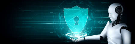 AI robot using cyber security to protect information privacy . Futuristic concept of cybercrime prevention by artificial intelligence and machine learning process . 3D rendering illustration .の写真素材