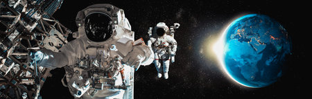 Astronaut spaceman do spacewalk while working for space station in outer space . Astronaut wear full...