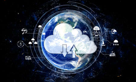 Cloud computing technology and online data storage in innovative perception . Cloud server data storage for global business network concept. Internet server service connection for cloud data transfer.の写真素材