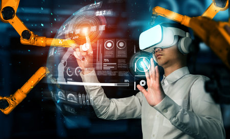 Advanced robot arm system for digital industry and factory robotic technology . Automation...