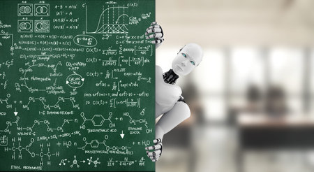 3D render humanoid robot show up from educational blackboard in class room . 3D illustration of AI...