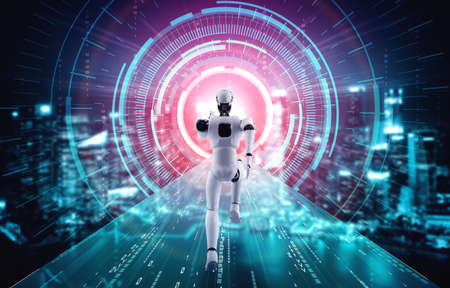 Running robot humanoid showing fast movement and vital energy in concept of future innovation development toward AI brain and artificial intelligence thinking by machine learning. 3D illustration.の写真素材