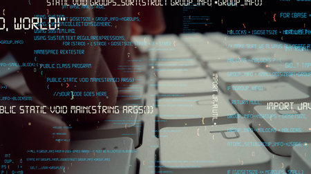 Creative visual of computer programming coding and software development shown by man working on...