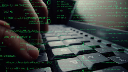 Creative visual of computer programming coding and software development shown by man working on...