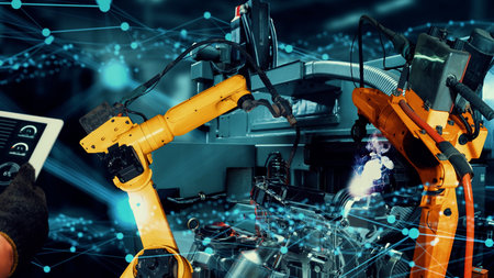 Smart industry robot arms modernization for innovative factory technology . Concept of automation...