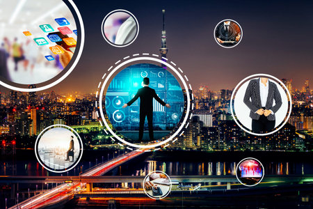 Business network web banner photo set in concept of management and growth by using corporate...