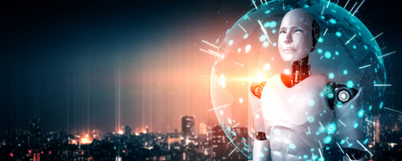 3D illustration robot humanoid looking forward against cityscape skyline . Concept of leadership, idea and vision for futuristic development of artificial intelligence AI .の写真素材