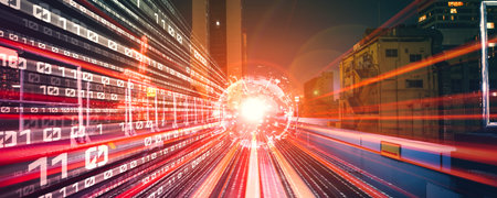 Digital data flow on road with motion blur to create vision of fast speed transfer . Concept of...