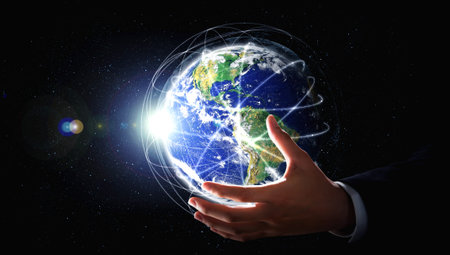 Global network connection covering earth with link of innovative perception . Concept of...