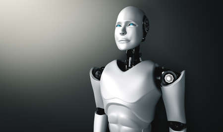 Standing humanoid robot looking forward on clean background 3D illustrationの写真素材