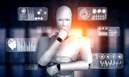Thinking AI humanoid robot analyzing hologram screen showing concept big data analytic using...