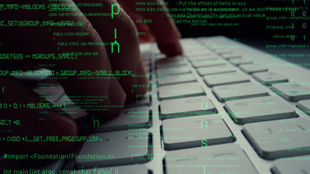 Creative visual of computer programming coding and software development shown by man working on...