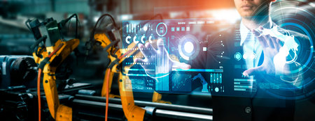 Advanced robot arm system for digital industry and factory robotic technology . Automation...