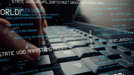 Creative visual of computer programming coding and software development shown by man working on...