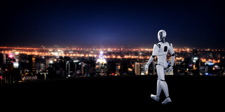 3D illustration robot humanoid looking forward against cityscape skyline . Concept of leadership,...