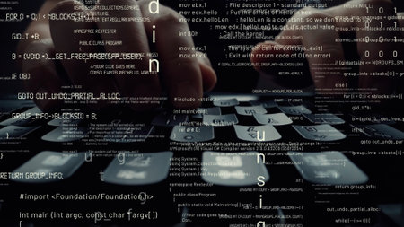 Creative visual of computer programming coding and software development shown by man working on computer keyboard with overlay of computer graphic displaying abstract program codes and computer scriptの写真素材