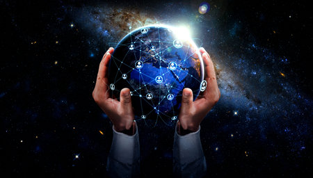Global network connection covering earth with link of innovative perception . Concept of...