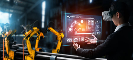 Advanced robot arm system for digital industry and factory robotic technology . Automation...