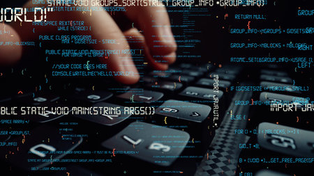 Creative visual of computer programming coding and software development shown by man working on...