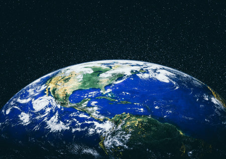 Planet earth globe view from space showing realistic earth surface and world map as in outer space point of viewの写真素材