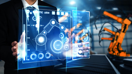 Advanced robot arm system for digital industry and factory robotic technology . Automation...