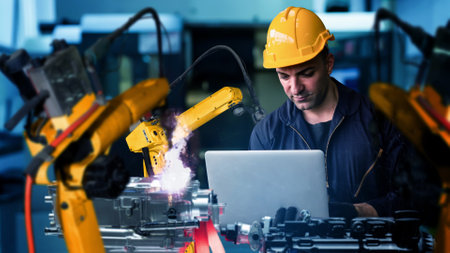 Smart industry robot arms modernization for digital factory technology . Concept of automation manufacturing process of Industry 4.0 or 4th industrial revolution and IOT software control operation .の写真素材