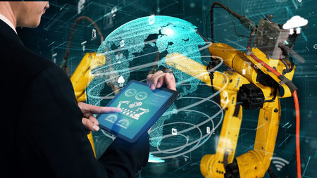 Smart industry robot arms modernization for digital factory technology . Concept of automation...