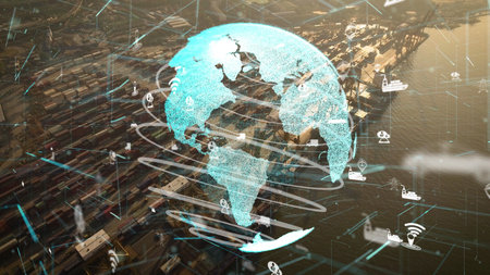 Shipping harbor aerial view with graphic of network technology modernization showing concept of...