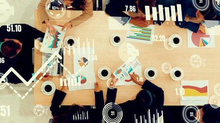 Creative visual of business people in corporate staff meeting . Concept of digital technology for...