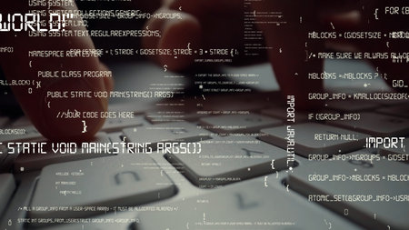 Creative visual of computer programming coding and software development shown by man working on...