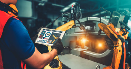 Smart industry robot arms for digital factory production technology showing automation manufacturing...