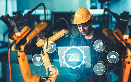 Smart industry robot arms for digital factory production technology showing automation manufacturing...