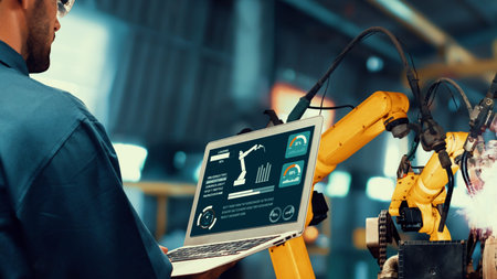 Smart industry robot arms modernization for innovative factory technology . Concept of automation...