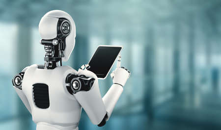 Robot humanoid using tablet computer in future office while using AI thinking brain , artificial intelligence and machine learning process . 4th fourth industrial revolution 3D illustration.の写真素材