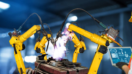 Smart industry robot arms modernization for innovative factory technology . Concept of automation...
