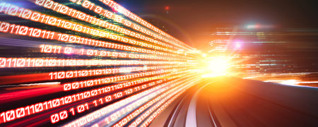 Digital data flow on road with motion blur to create vision of fast speed transfer . Concept of...