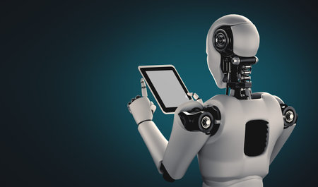 Robot humanoid using tablet computer in future office while using AI thinking brain , artificial intelligence and machine learning process . 4th fourth industrial revolution 3D illustration.の写真素材