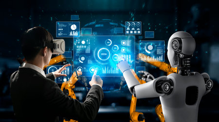 Mechanized industry robot and human worker working together in future factory . Concept of...