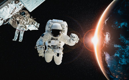 Astronaut spaceman do spacewalk while working for space station in outer space . Astronaut wear full...
