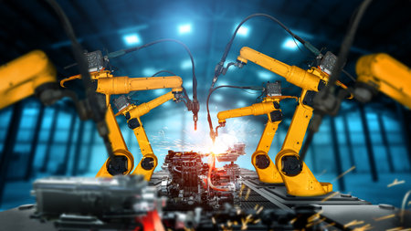 Mechanized industry robot arm for assembly in factory production line . Concept of artificial...