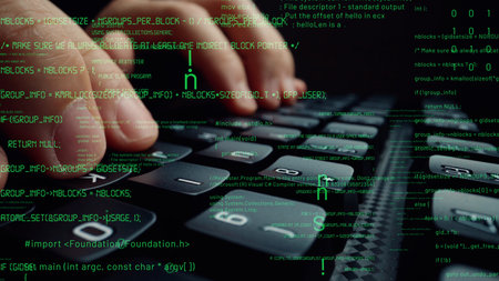 Creative visual of computer programming coding and software development shown by man working on...