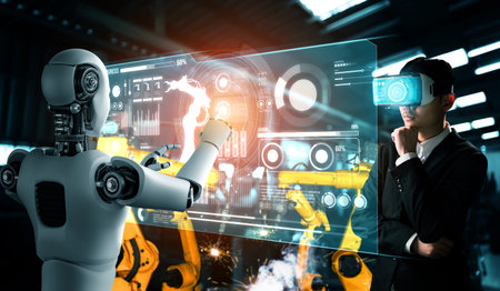 Mechanized industry robot and human worker working together in future factory . Concept of...