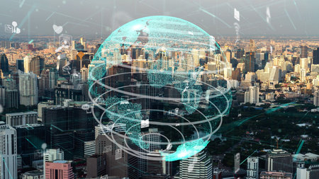 Global connection and the internet network modernization in smart city . Concept of future 5G...